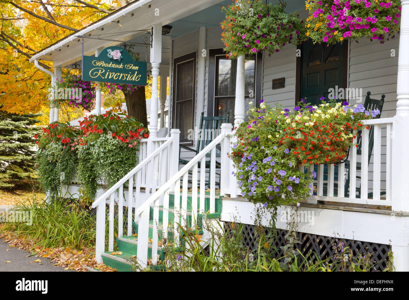 The verandah of the Woodstock Inn Riverside decorated with flowers, Woodstock, New Hampshire