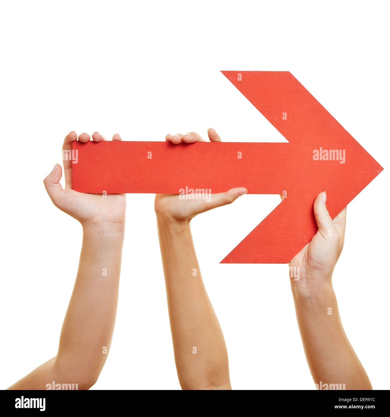Many hands pointing a red arrow to the right Stock Photo