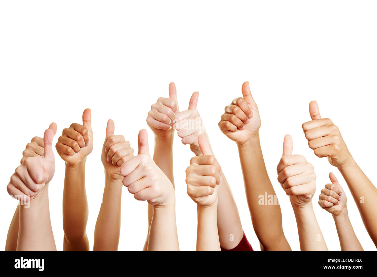 Many people congratulate a winner and holding their thumbs up Stock Photo
