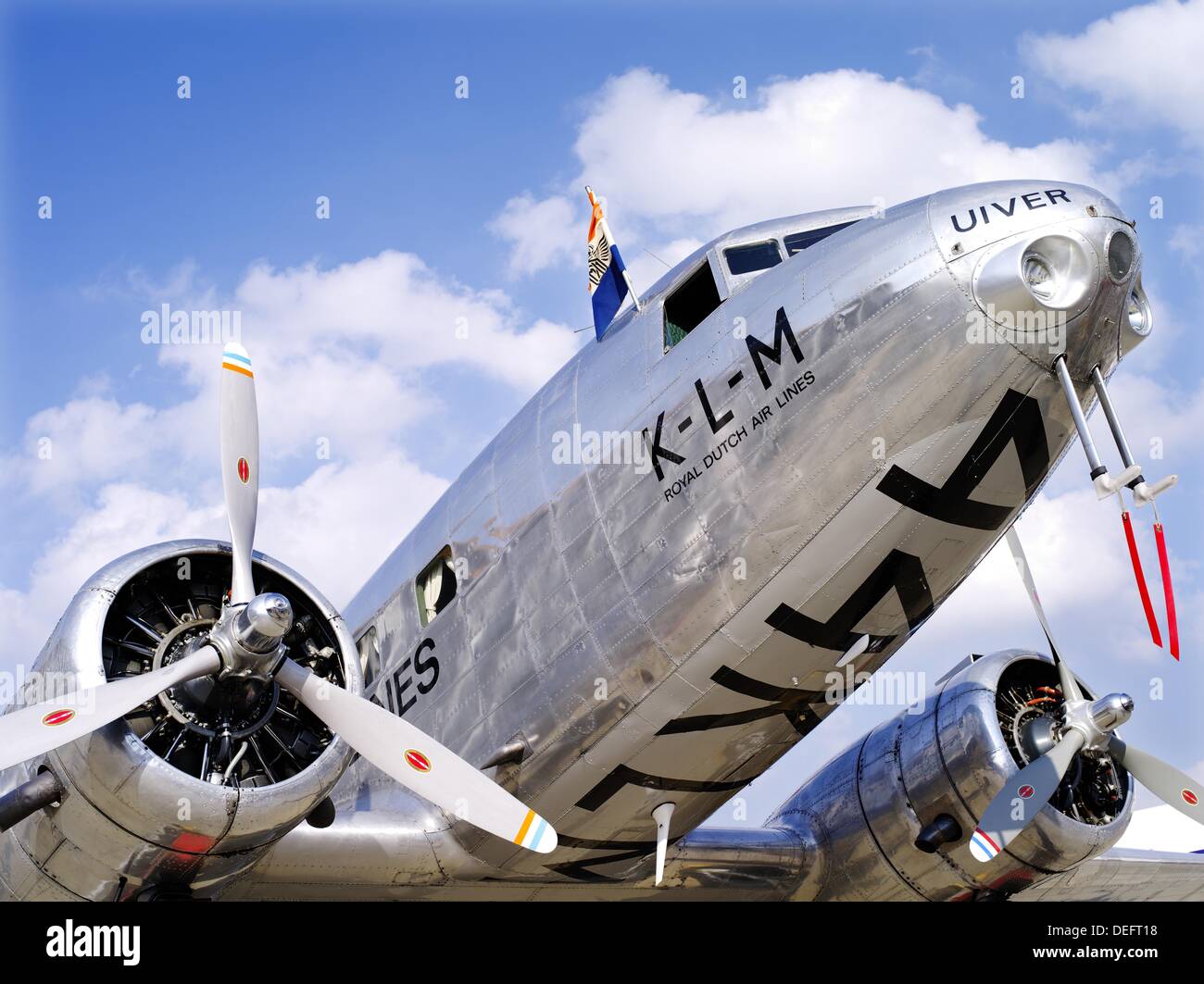 A silver, vintage passenger aircraft Douglas DC2 from KLM Royal Dutch