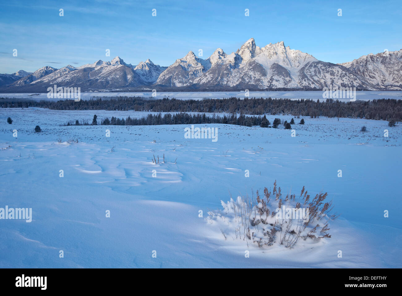 The Tetons at dawn after a fresh snow, Grand Teton National Park, Wyoming, United States of America, North America Stock Photo