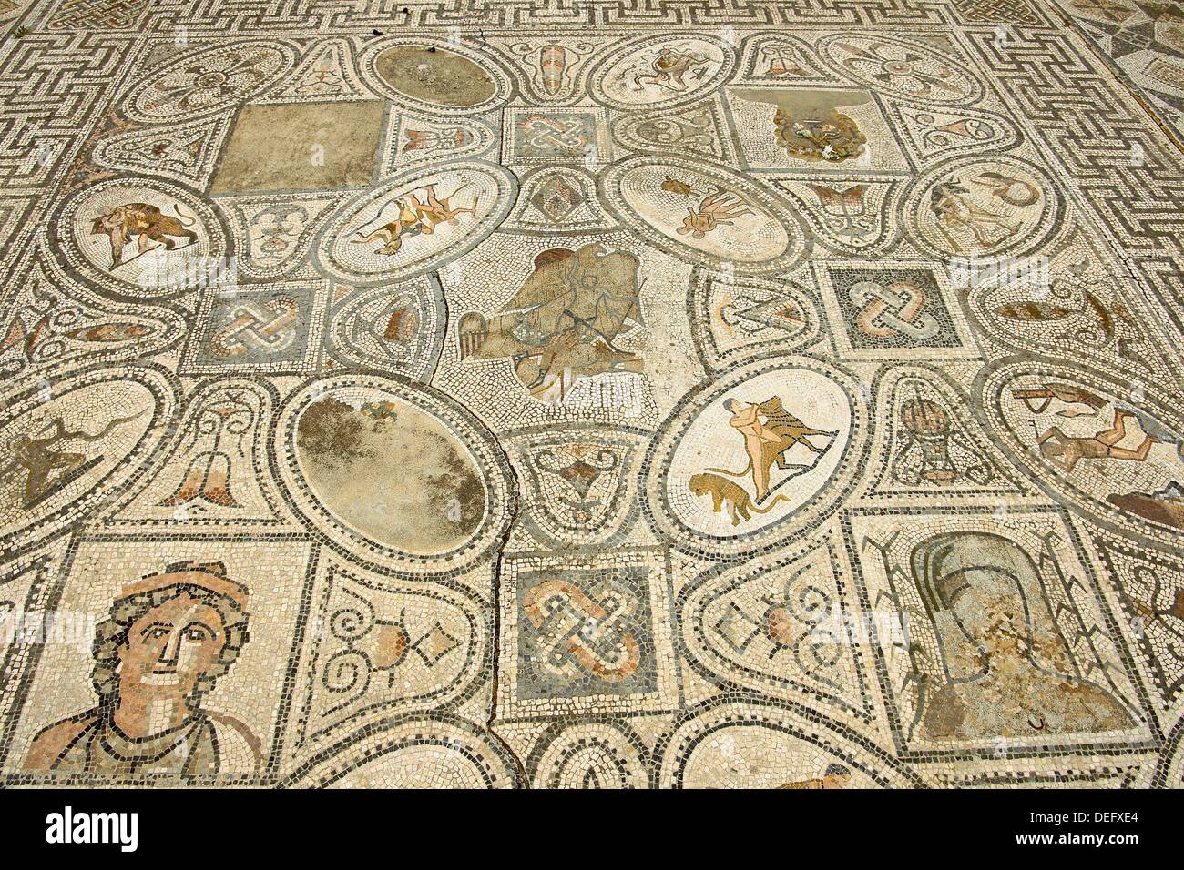 Mosaics of the house of the labors of Hercules, Roman city of Volubilis, II bc, Morocco archeological site Stock Photo
