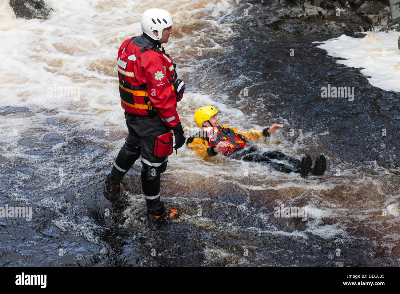 County Durham and Darlington Fire and Rescue Service Swift Water Rescue Training on the River Tees at Low Force Teesdale UK Stock Photo