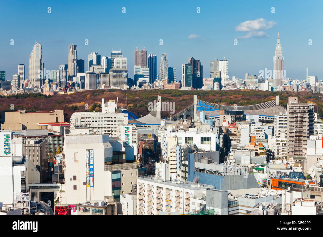 Elevated view of Shinjuku skyline viewed from Shibuya, Tokyo, Honshu, Japan, Asia Stock Photo