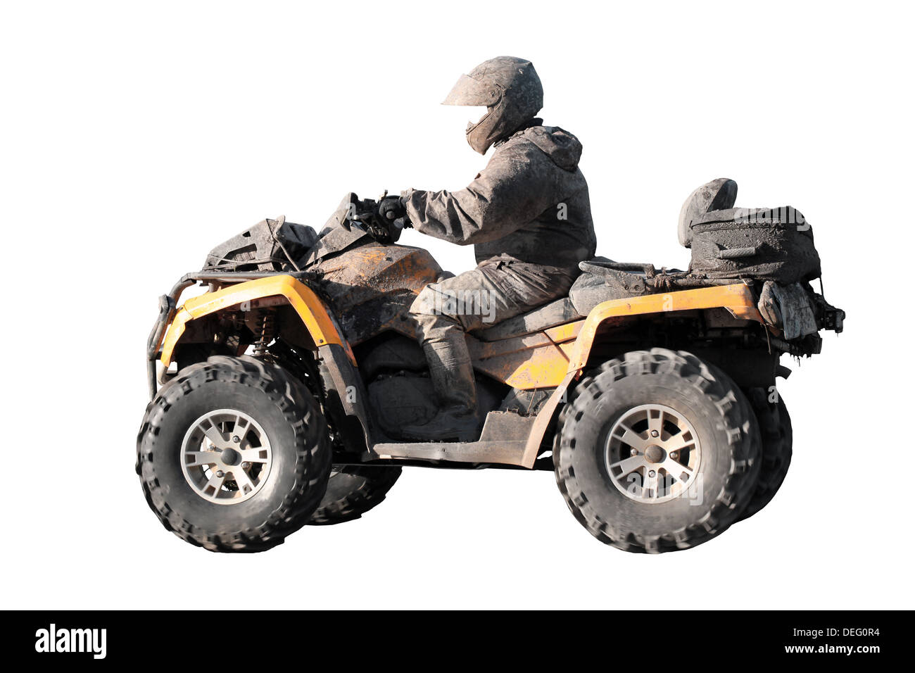 Dirty off-road yellow ATV with rider isolated on white background Stock Photo