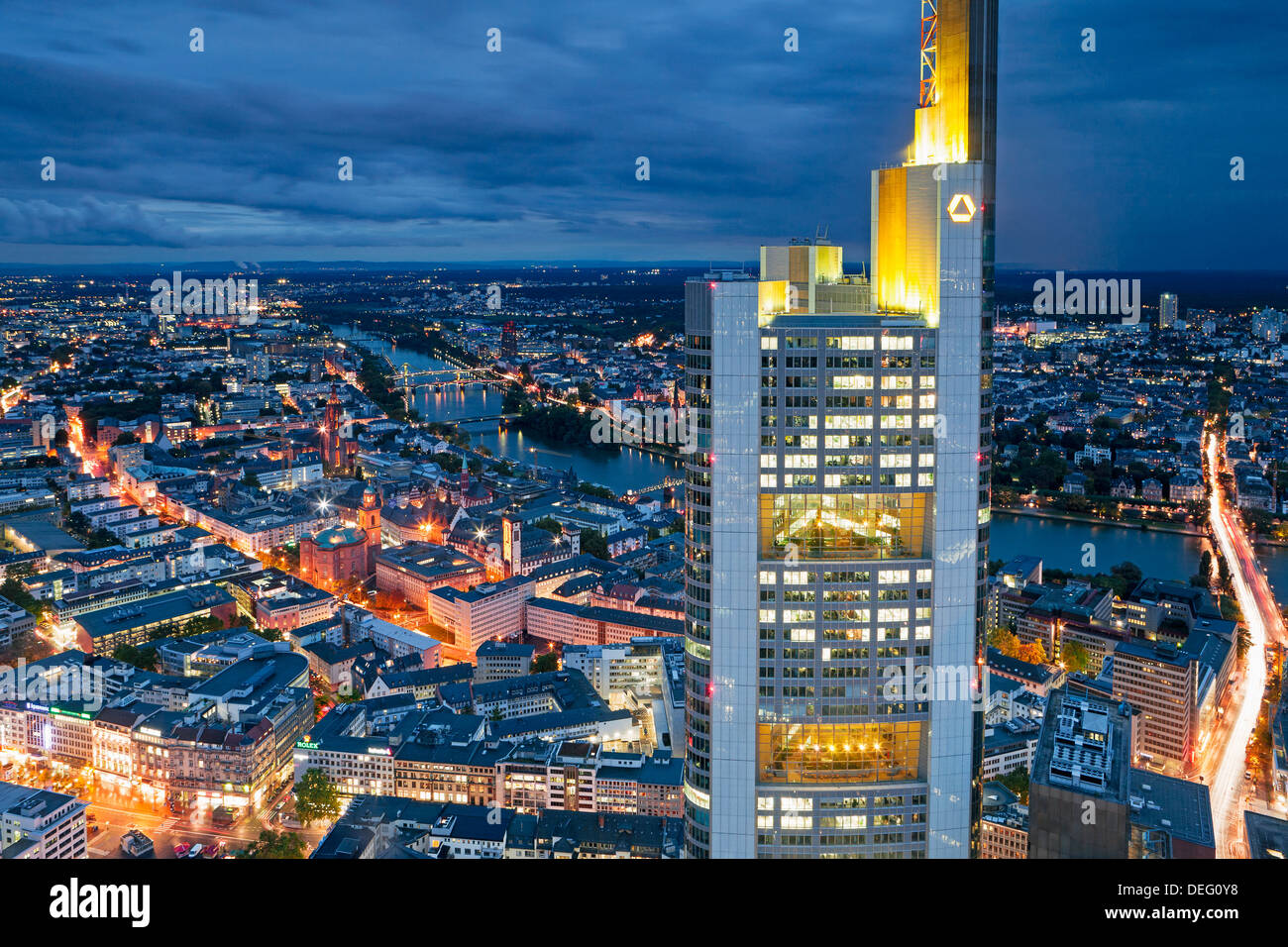 City centre from above at dusk, Frankfurt, Hessen, Germany, Europe Stock Photo