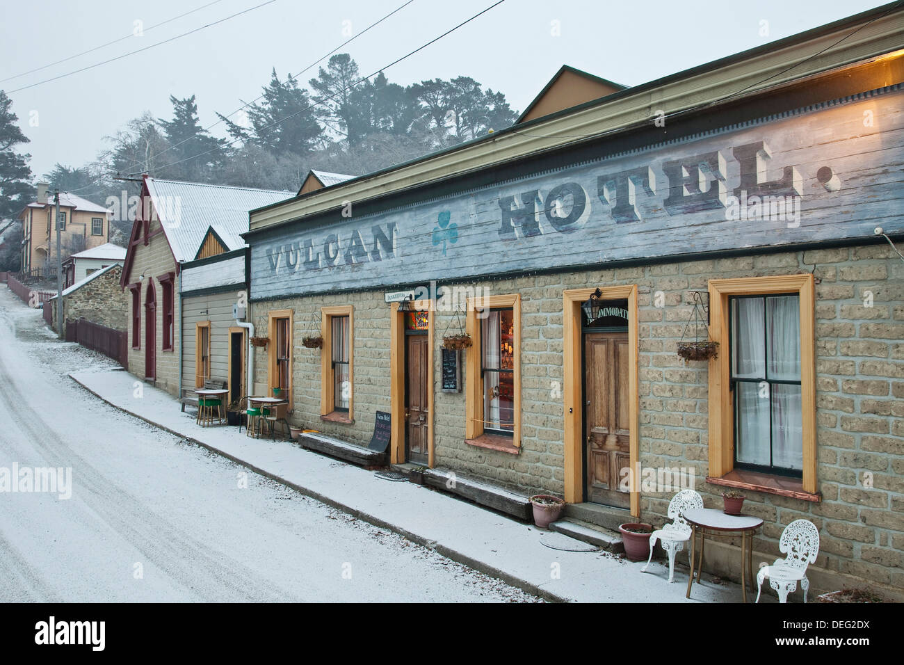 Vulcan Hotel, historic pub from goldfields era, during winter snow