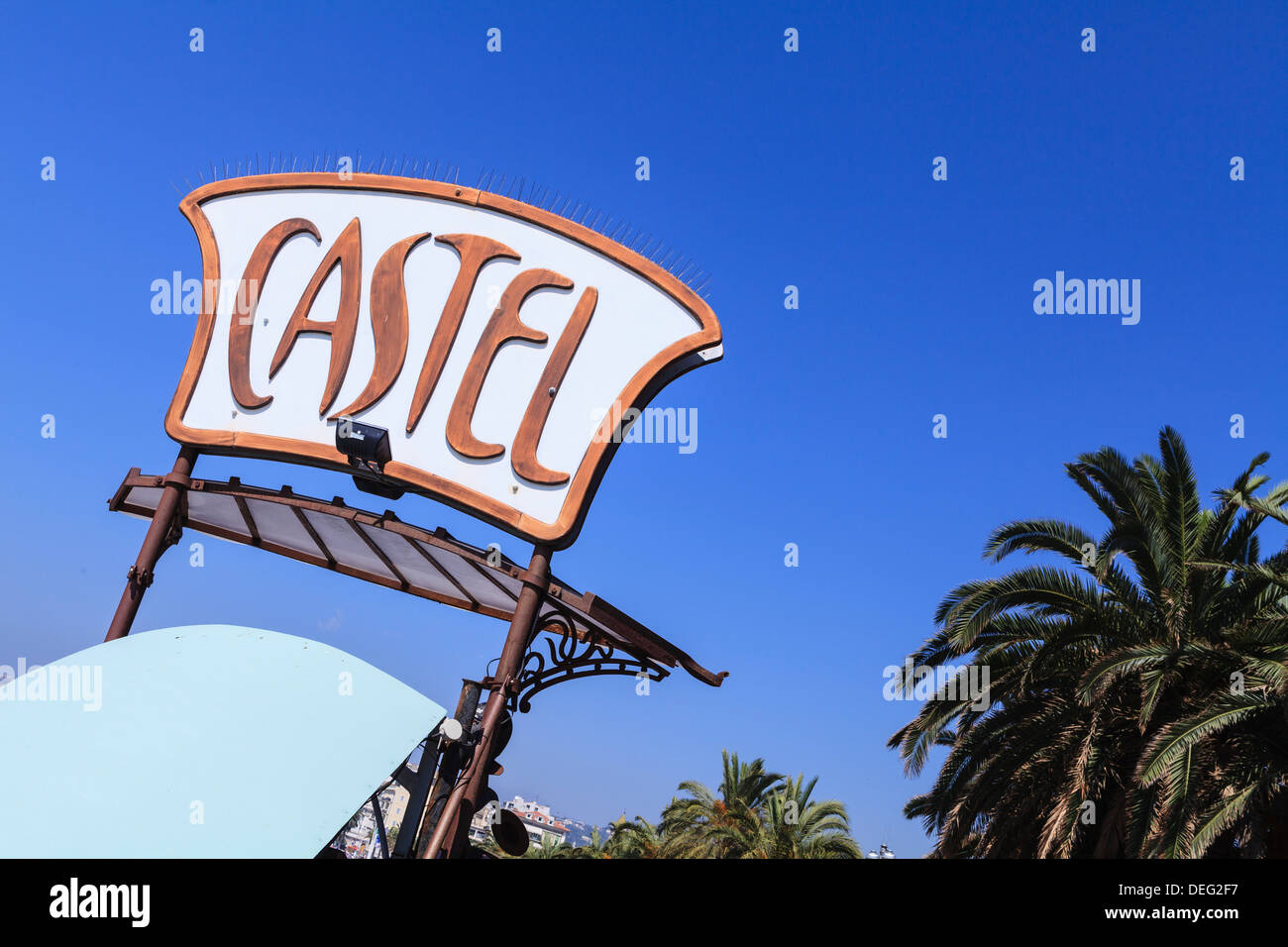 Castel Plage beach sign, Nice, Alpes Maritimes, Provence, Cote d'Azur, France, French Riviera, Europe Stock Photo