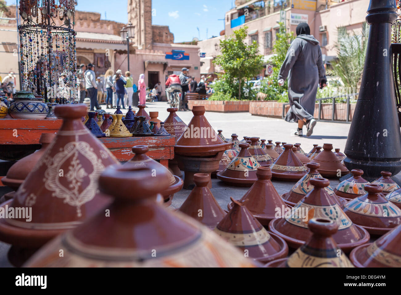 A street seller's wares, including tagines and clay pots near the Kasbah, Marrakech, Morocco, North Africa, Africa Stock Photo