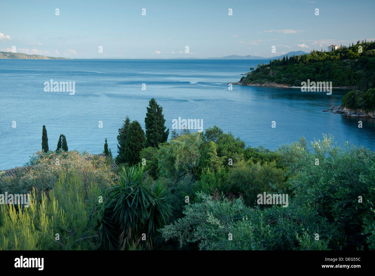A view of the coastline of northeast Corfu and the Ionian Sea near Agios Stefanos, Corfu, Greek Islands, Greece, Europe Stock Photo