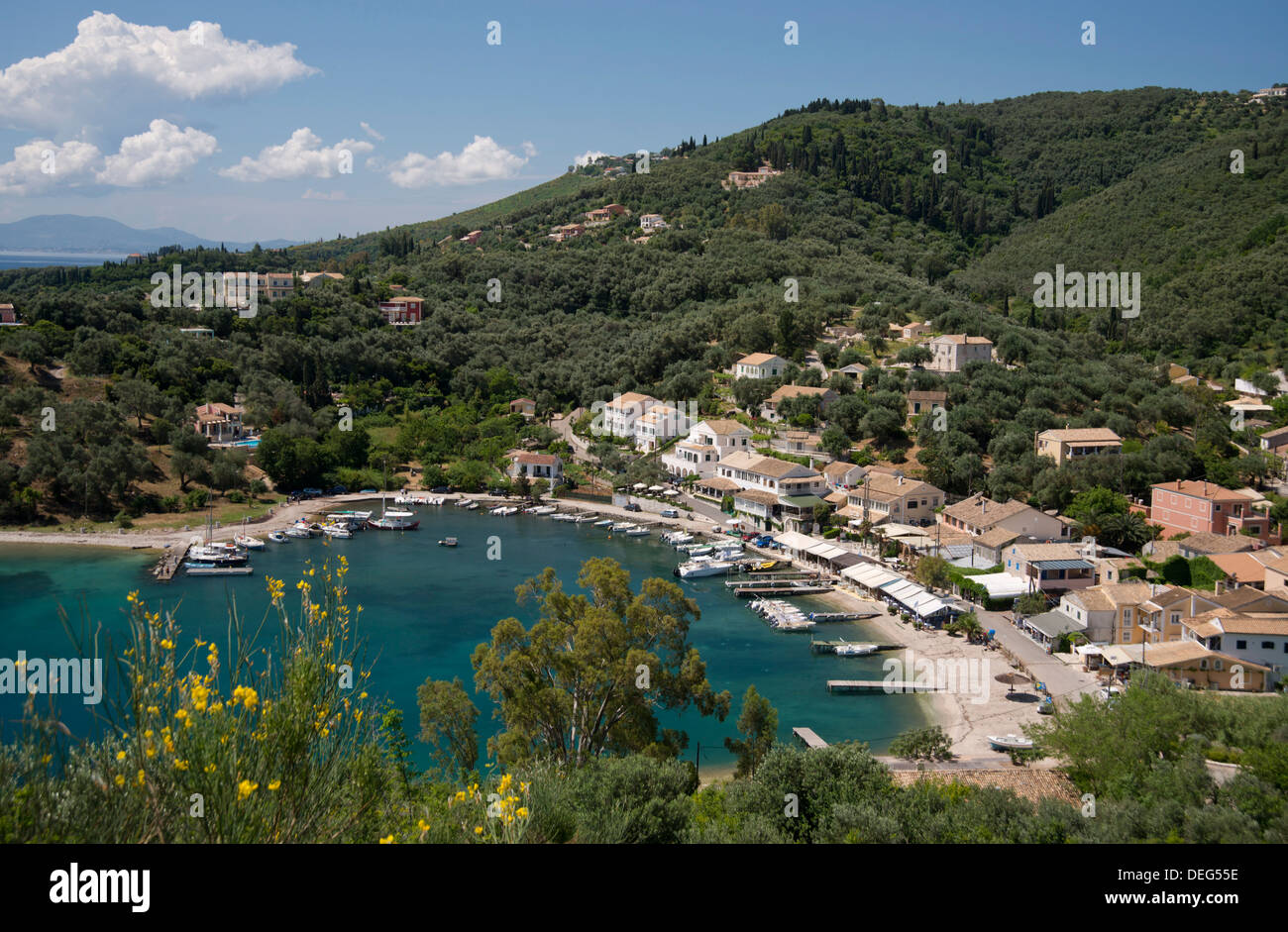 An aerial view of the town of Agios Stefanos on the northeast coast of the island of Corfu, Greek Islands, Greece, Europe Stock Photo