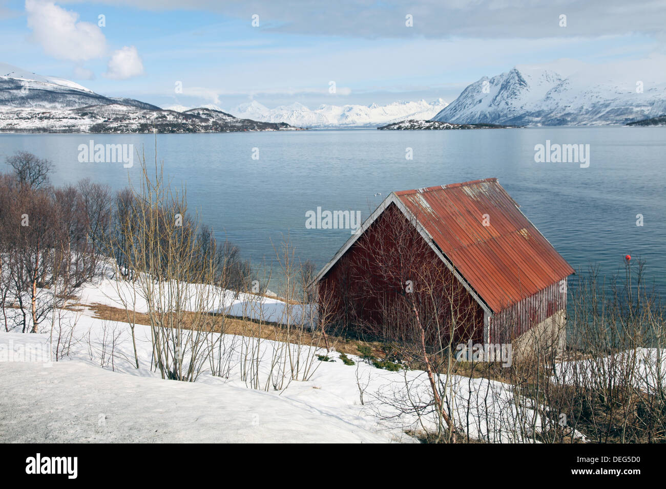 Boathouse on the island of Kvaloya (Whale Island), Troms, Norway, Scandinavia, Europe Stock Photo