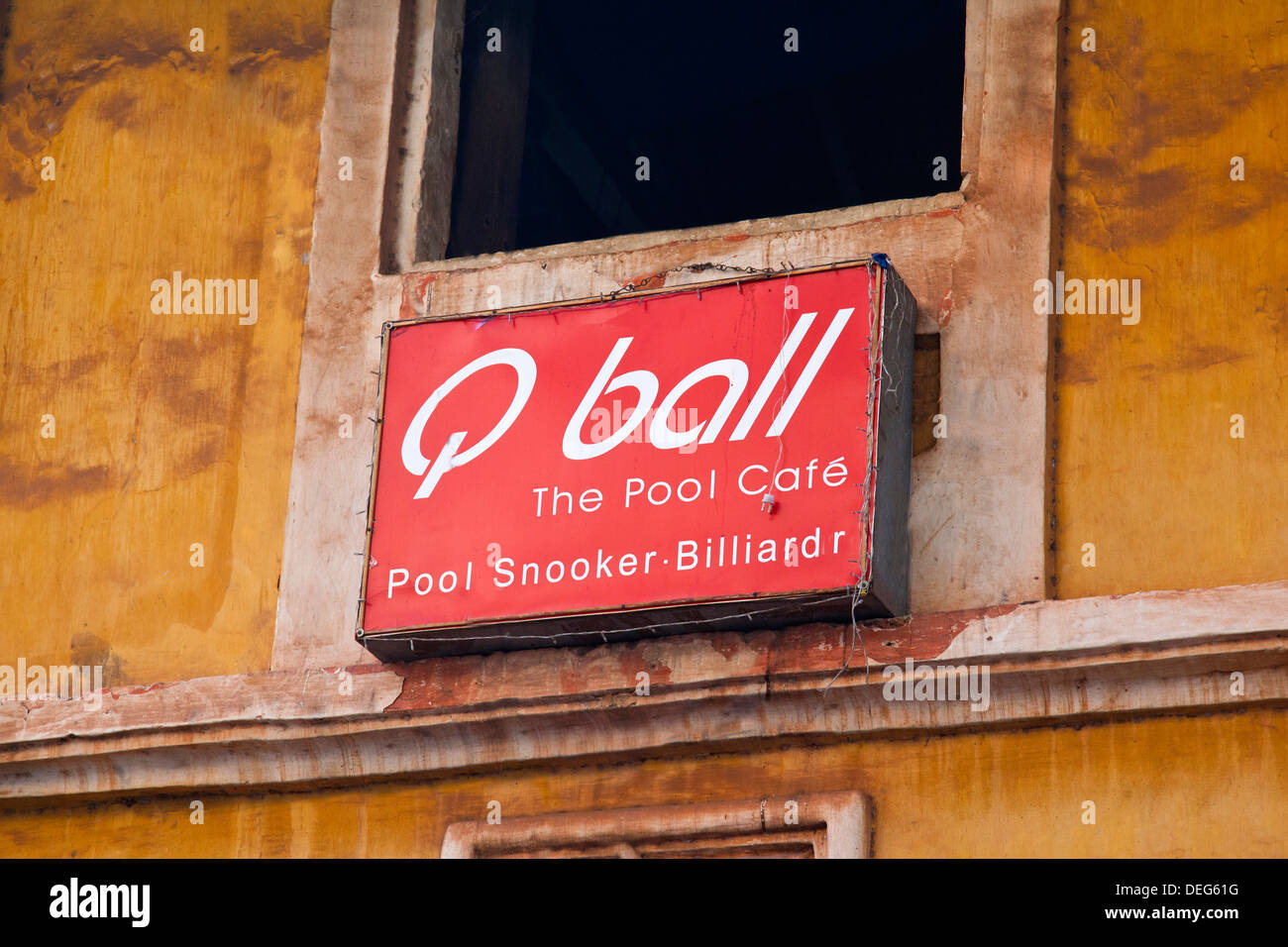 Close-up of a sign board, Q Ball Pool Snooker, Mapusa, North Goa, Goa, India Stock Photo