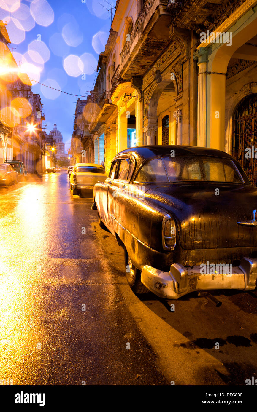 Low light view towards The Capitolio, Havana Centro, Havana, Cuba, West Indies Stock Photo