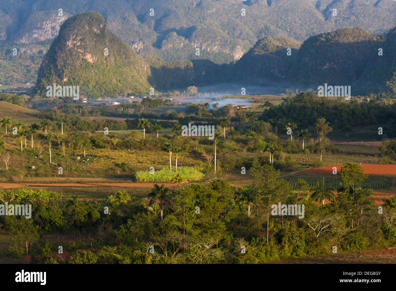 Vinales Valley, UNESCO World Heritage Site, bathed in early morning sunlight, Vinales, Pinar Del Rio Province, Cuba, West Indies Stock Photo