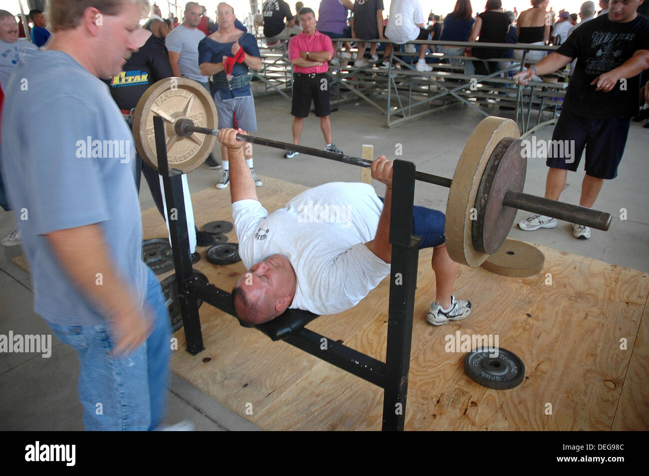 Adult male man power lifting of weights for contest at Ohio Fair, and