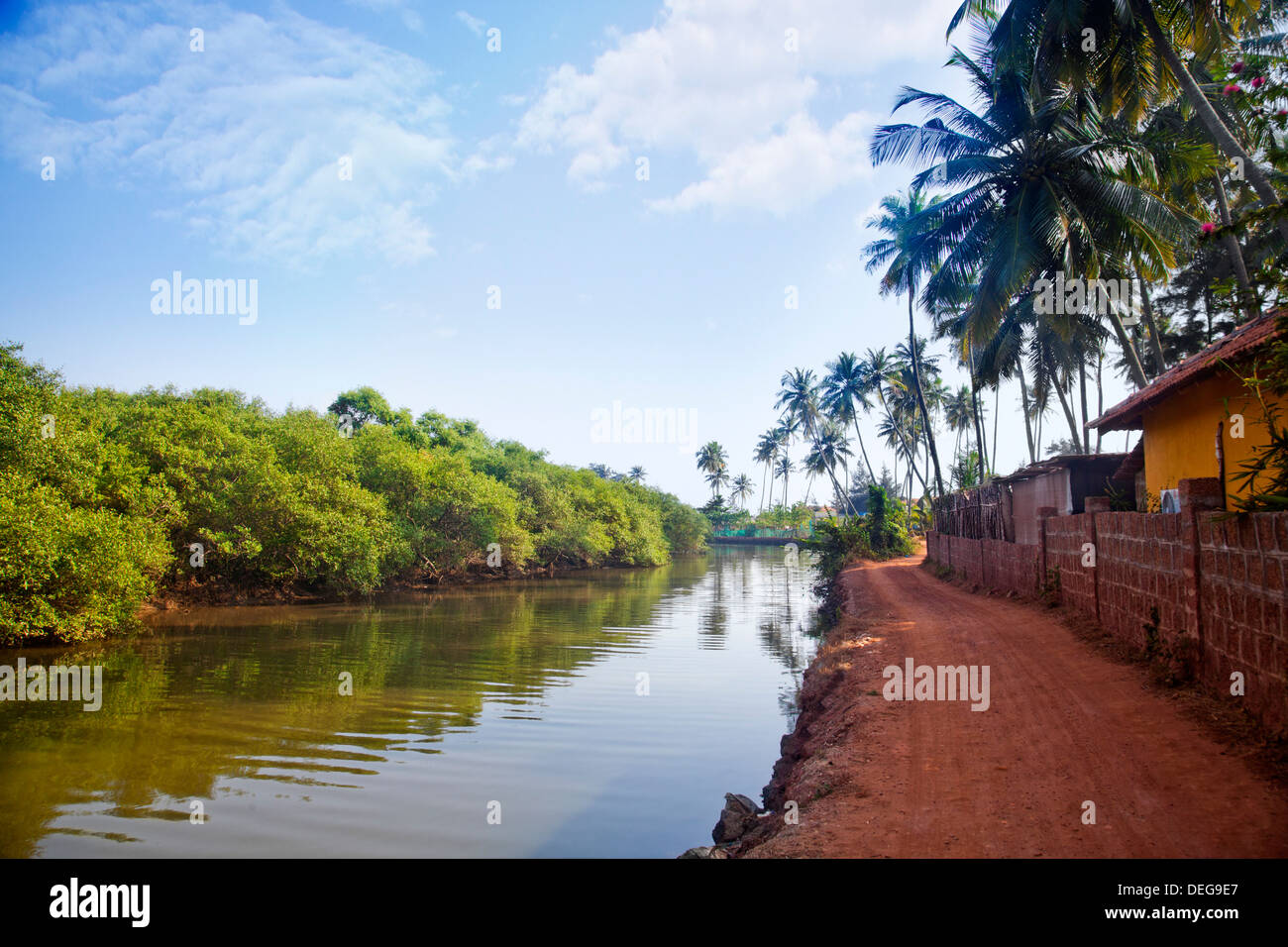 Houses along a river, Panaji, Goa, India Stock Photo