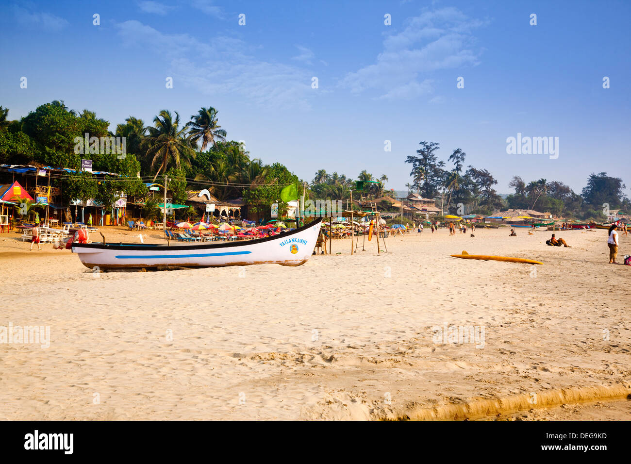 Boat with tourists on the beach, Panaji, Goa, India Stock Photo