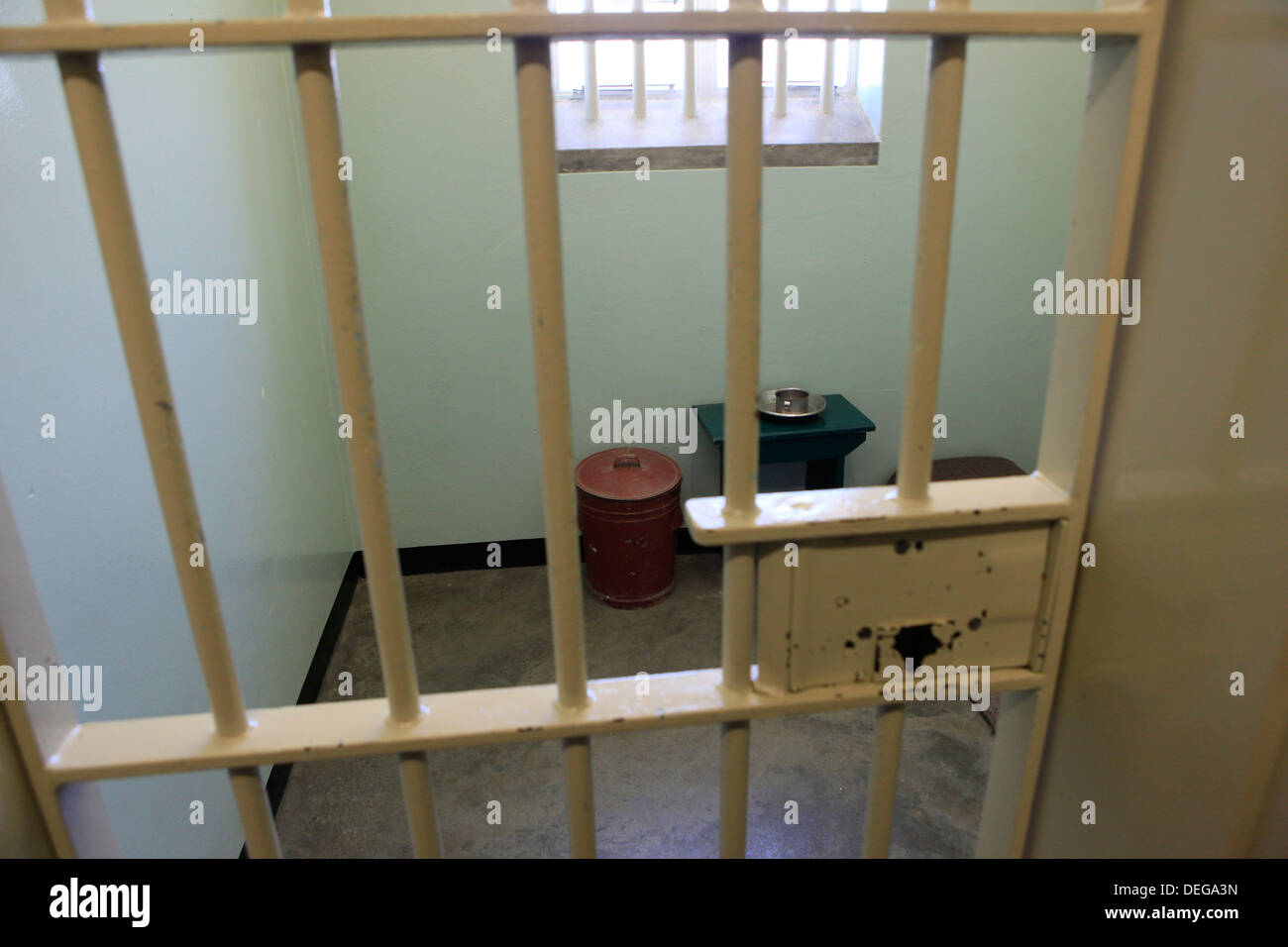 Nelson Mandela's cell on Robben Island, where he was held prisoner, near Cape Town, South Africa. Stock Photo