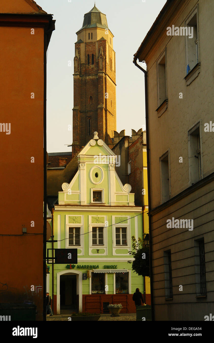 Church and old house in the Old Town Market Square, Paczków. Lower Silesia, Poland Stock Photo