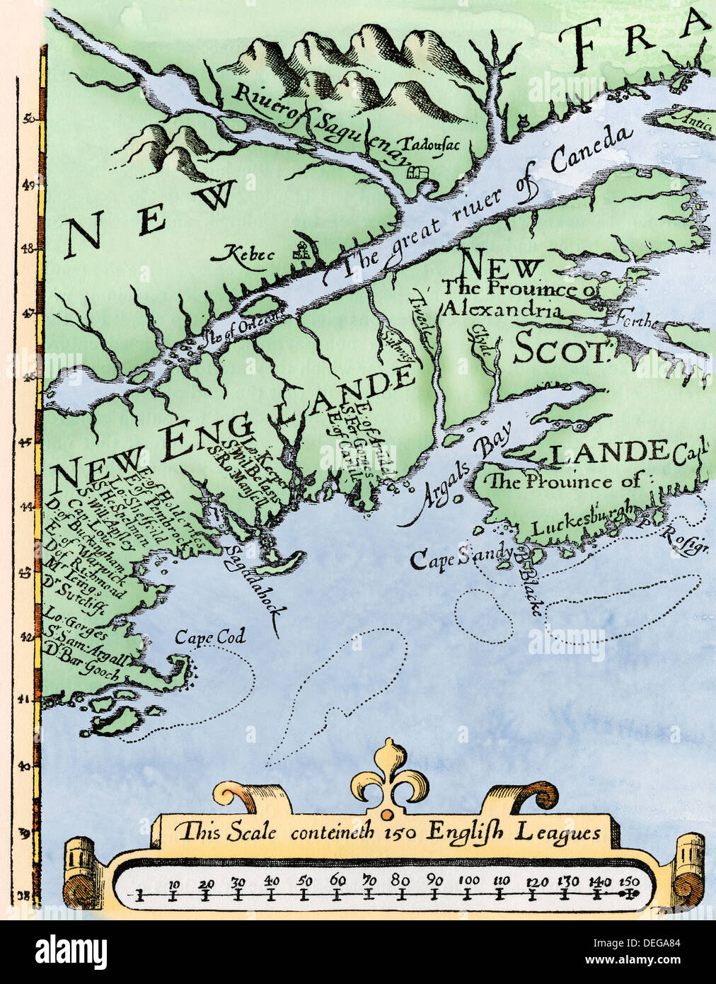 Alexander's map of the north Atlantic coast of New England and Nova Scotia, 1624. Hand-colored woodcut Stock Photo