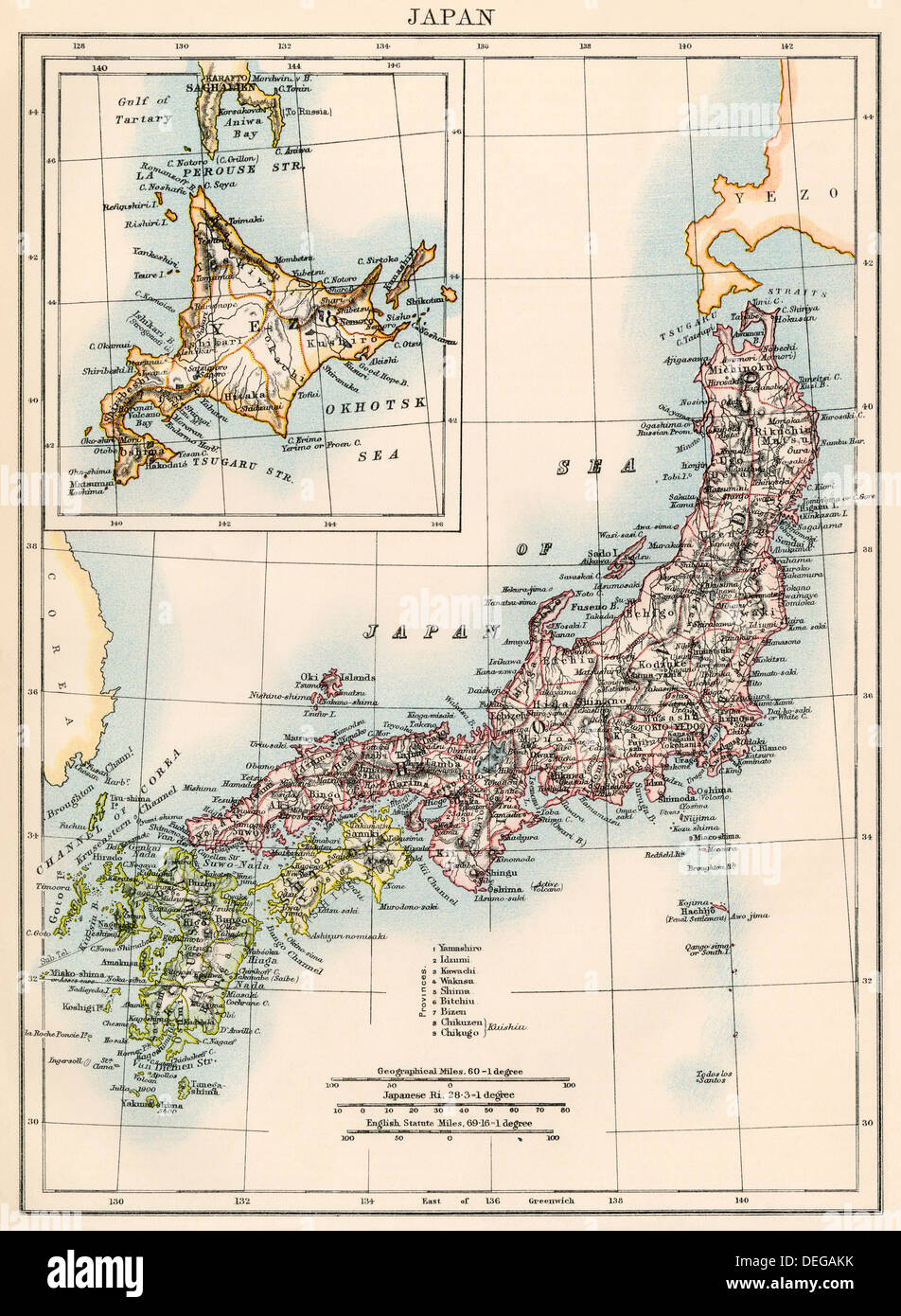 Map of Japan, 1870s. Color lithograph Stock Photo