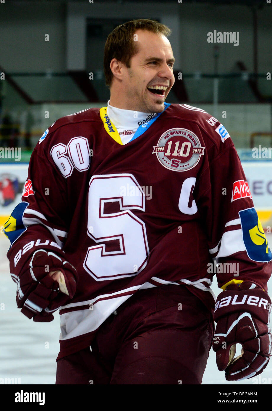 New jerseys of hockey club Sparta Prague, which reminds one hundred and  tenth anniversary of its existence (see patch on the jerseys), were  presented during the shooting of team in Prague, Czech