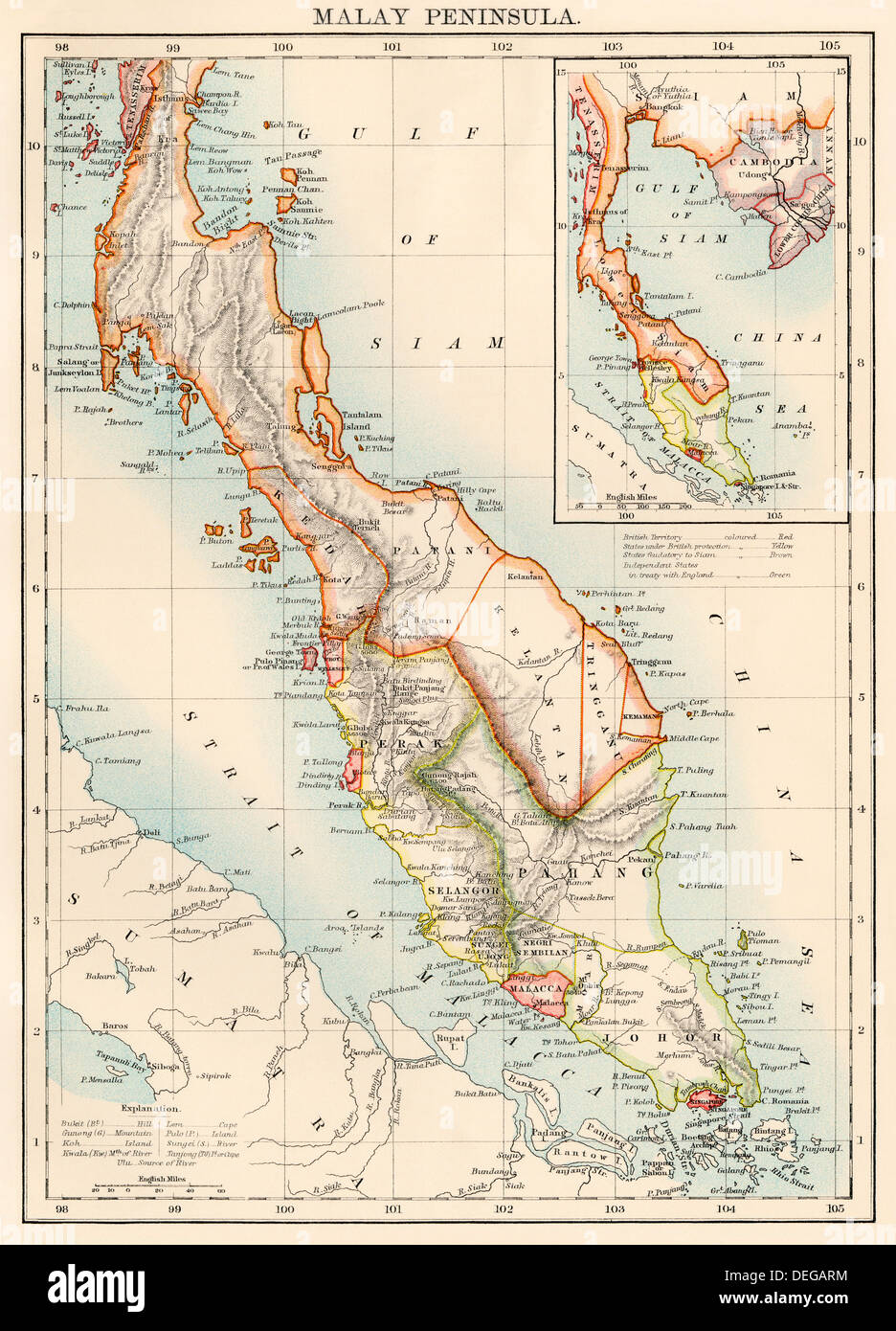Map of Malay Peninsula, 1870s. Color lithograph Stock Photo