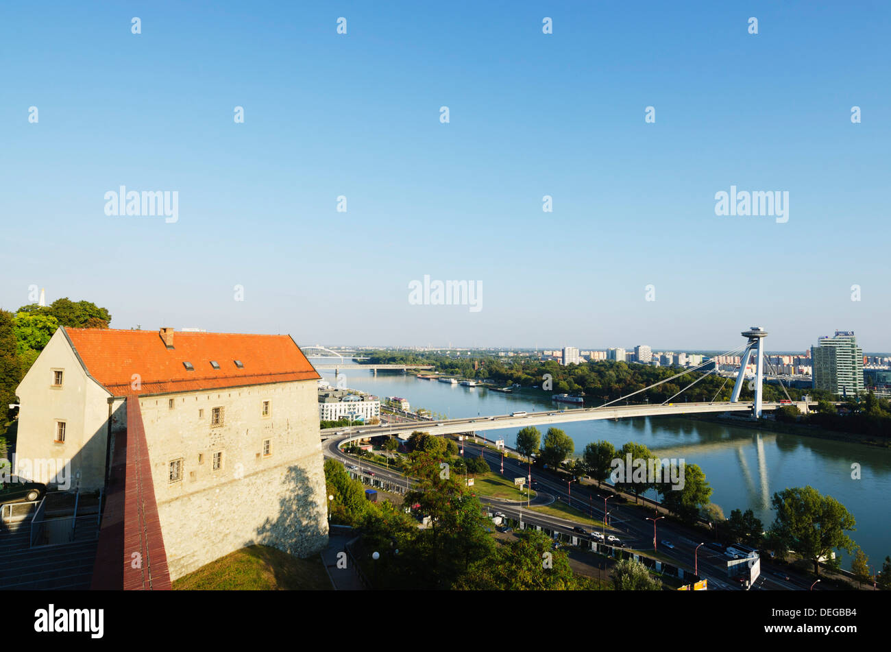 View down to the Danube River from Bratislava Castle, Bratislava, Slovakia, Europe Stock Photo