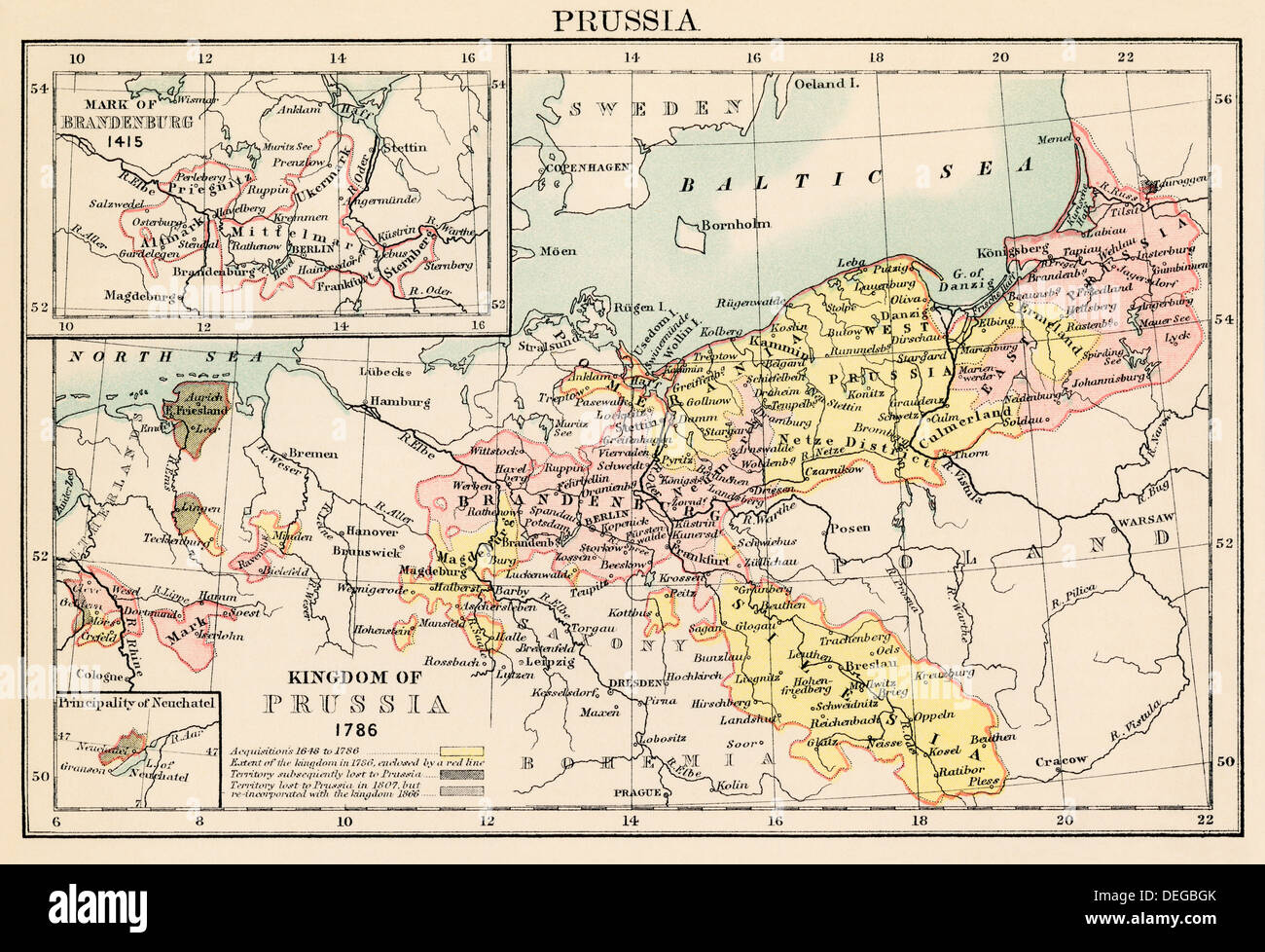 Map of the Kingdom of Prussia in 1786, and Brandenburg in 1415. Color lithograph Stock Photo