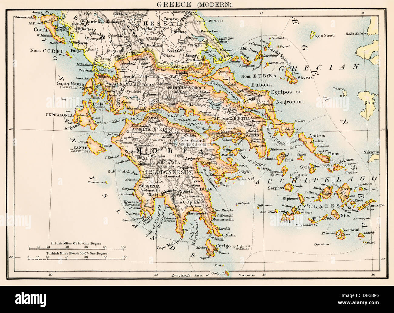 Map of Greece, 1870s. Color lithograph Stock Photo