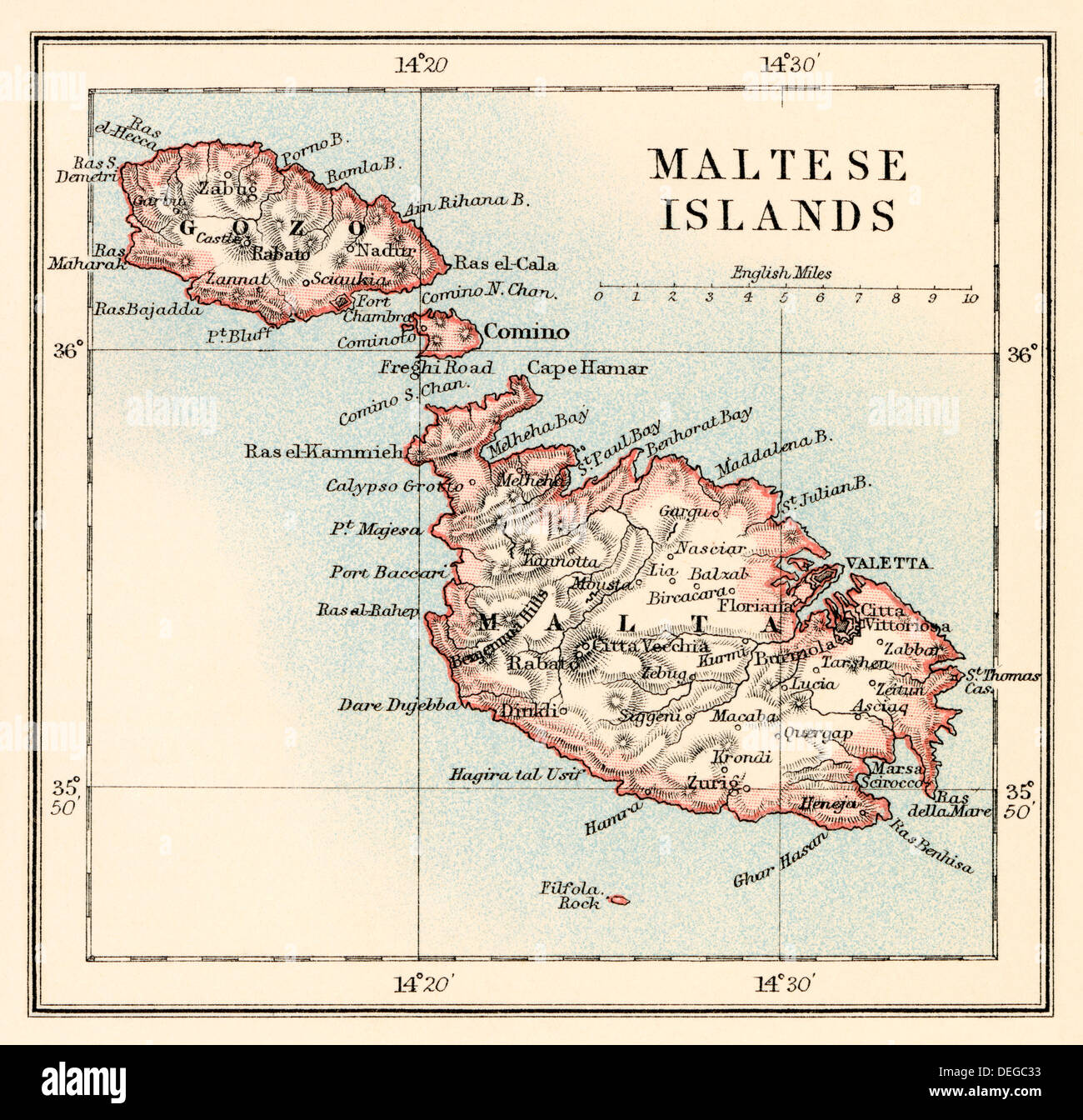 Map of the Maltese Islands, 1870s. Color lithograph Stock Photo