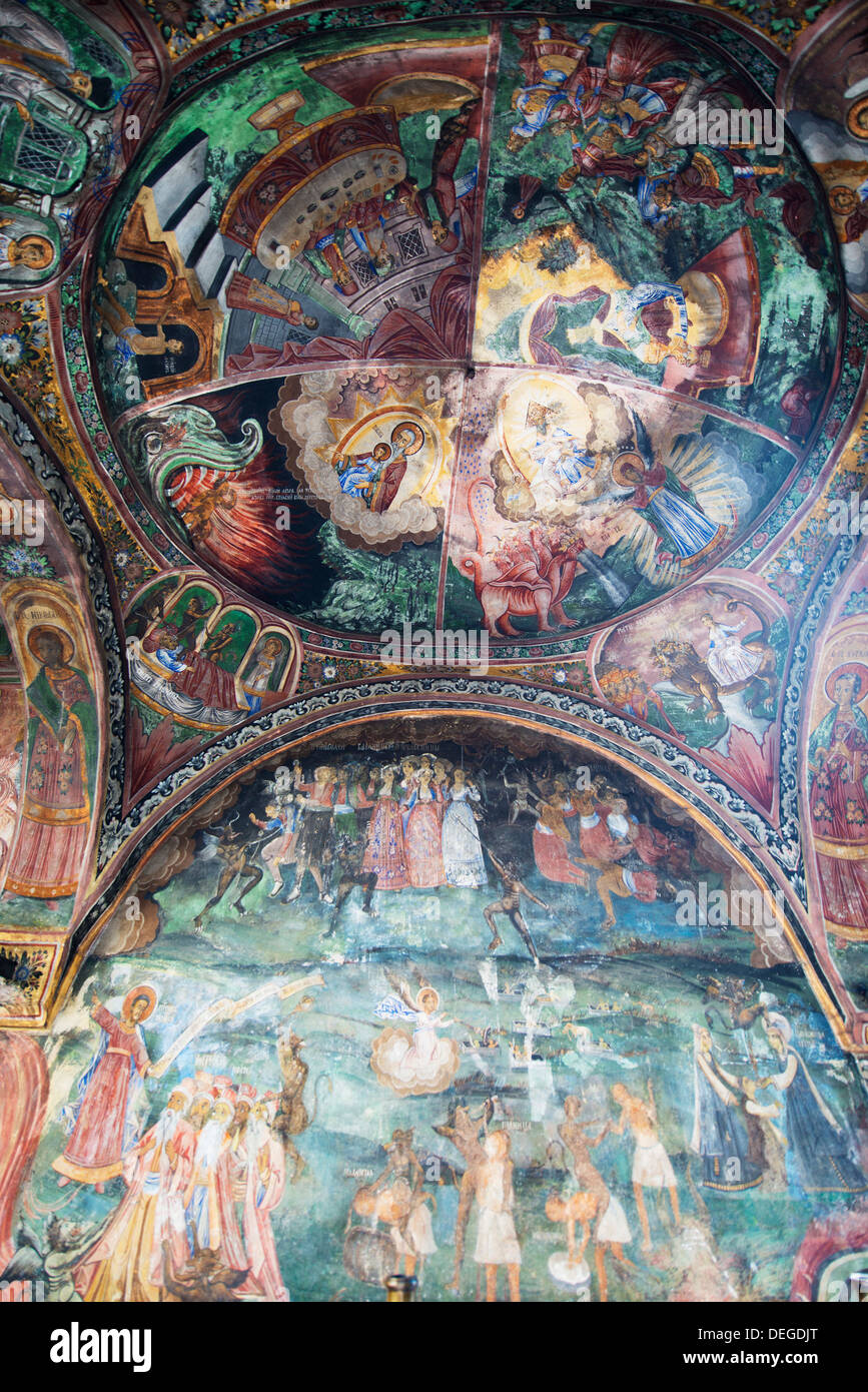 Church of the Holy Virgin, mural frescos by Zahari Zograf, Troyan Monastery, Bulgaria, Europe Stock Photo