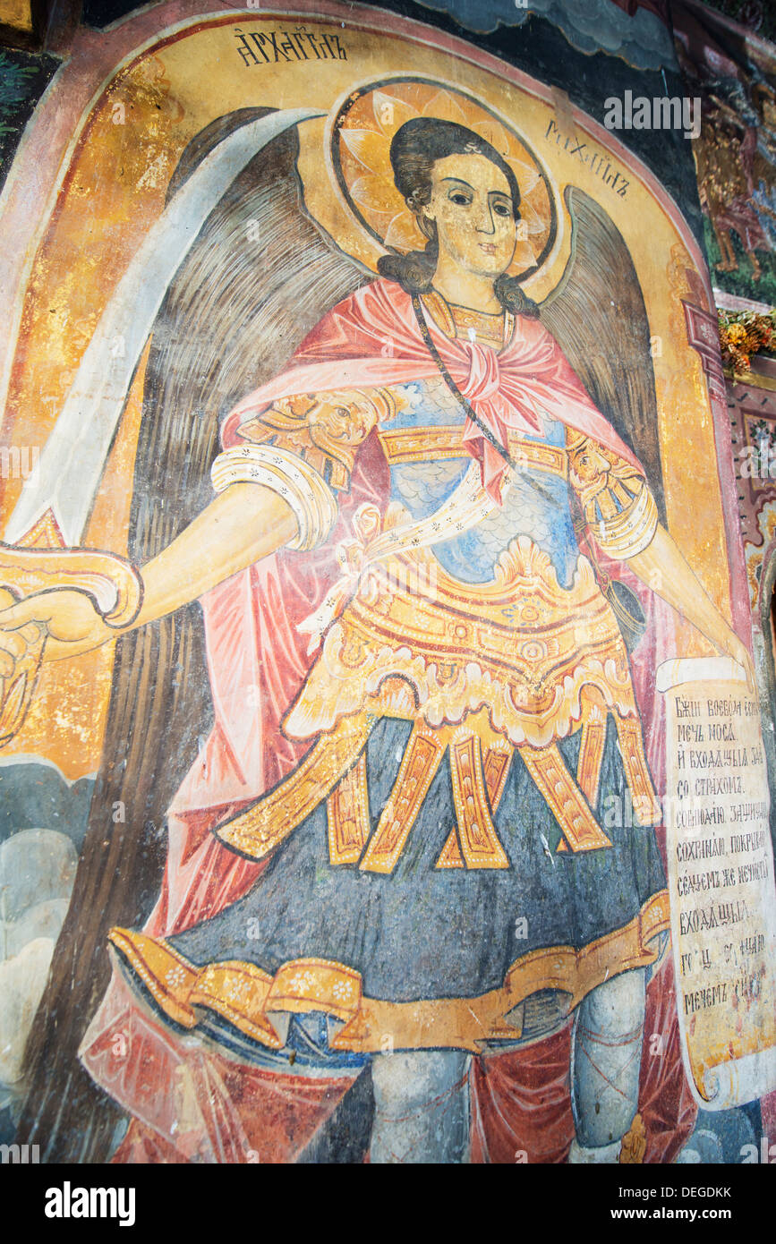 Church of the Holy Virgin, mural frescos by Zahari Zograf, Troyan Monastery, Bulgaria, Europe Stock Photo