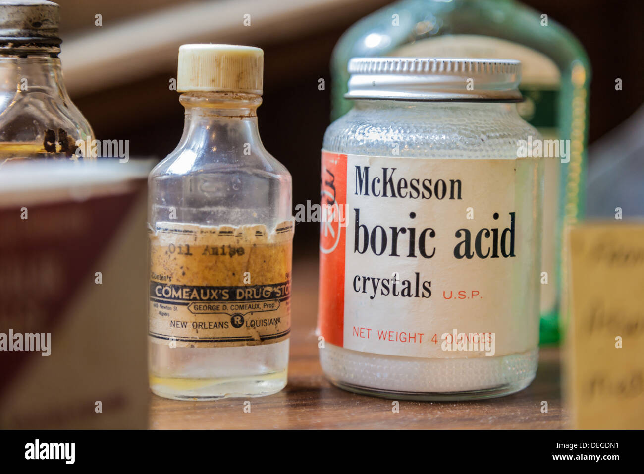 McKesson boric acid crystals and antique jars on display at gift shop in Point Clear, Alabama Stock Photo