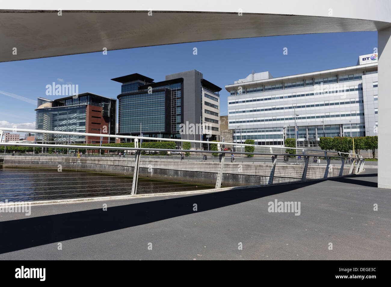 Broomielaw viewed from the Tradeston pedestrian bridge over the River Clyde, Glasgow city centre, Scotland, UK Stock Photo