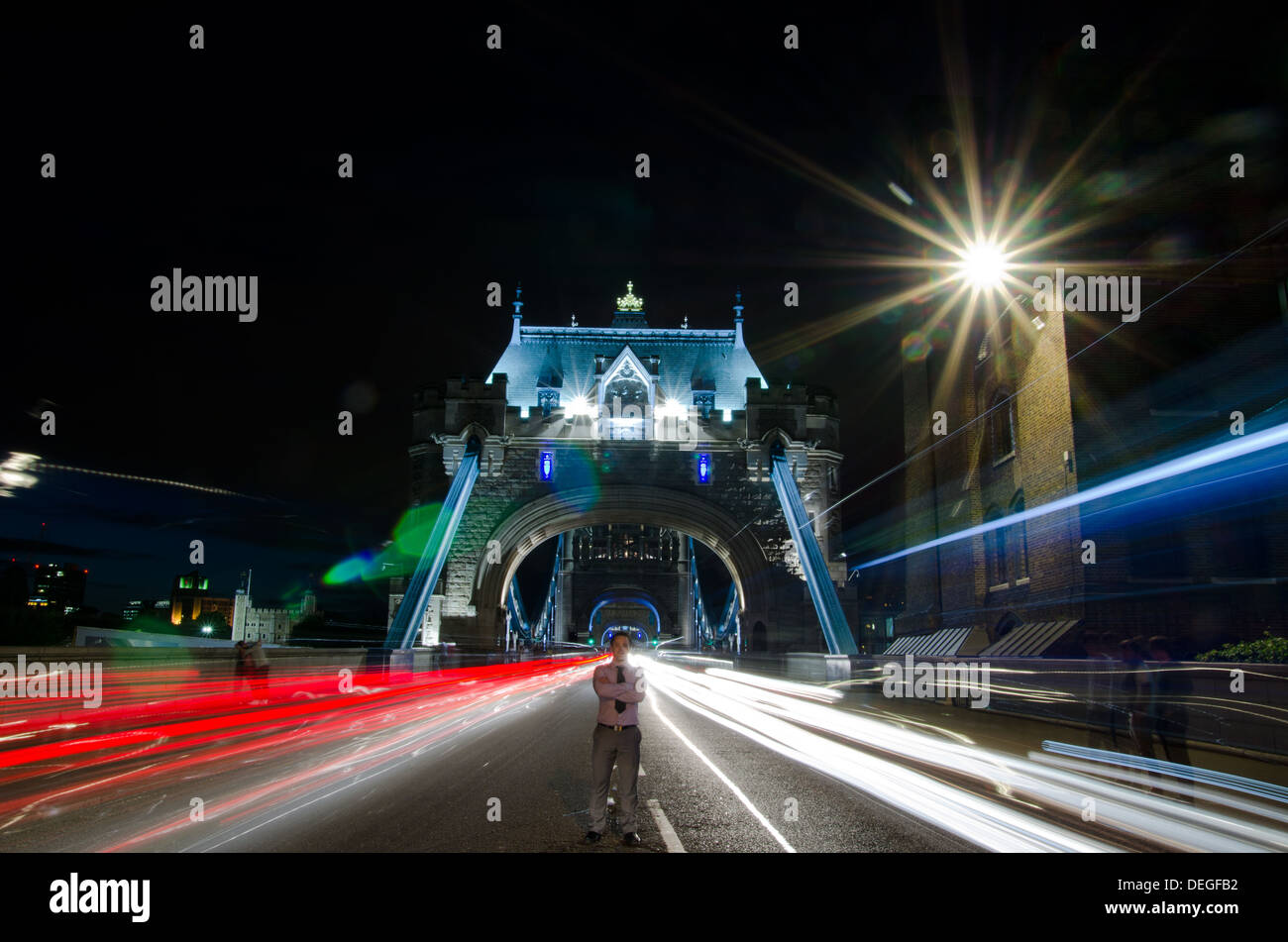 Tower Bridge, London - Light Trails Stock Photo