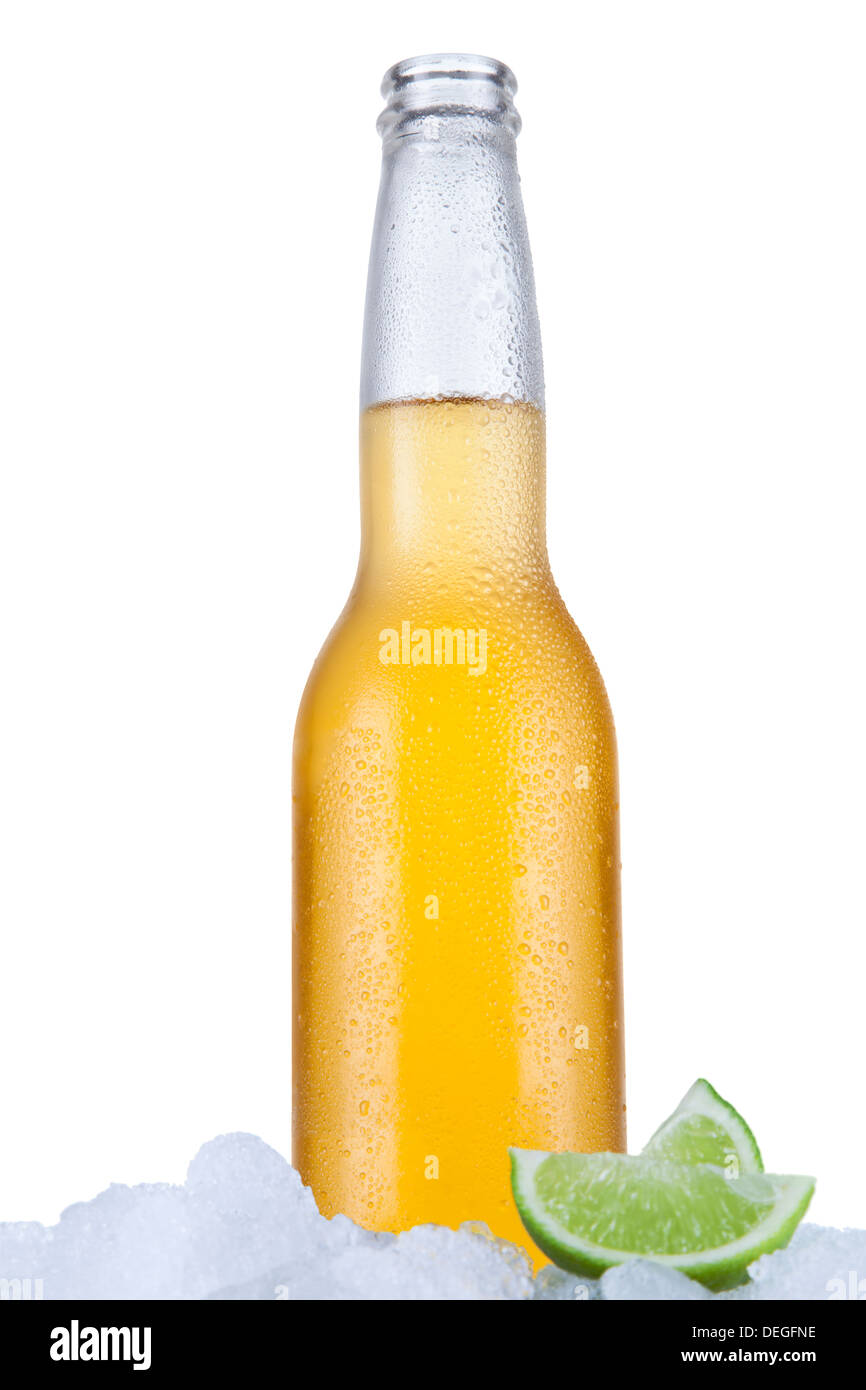 Mexican beer sitting on ice over a white background. Stock Photo