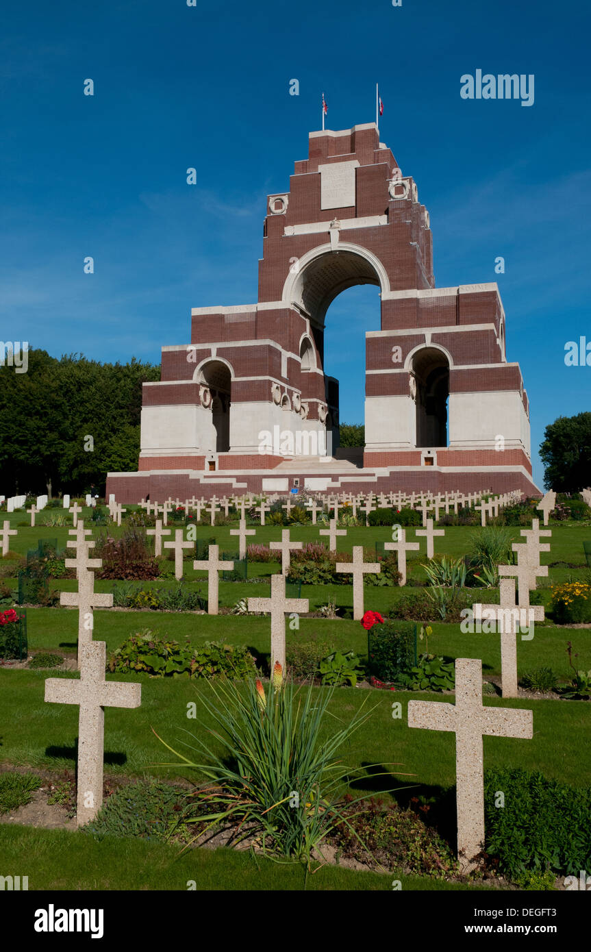 Thiepval Memorial to the Missing, crosses marking French war graves, Somme, France Stock Photo