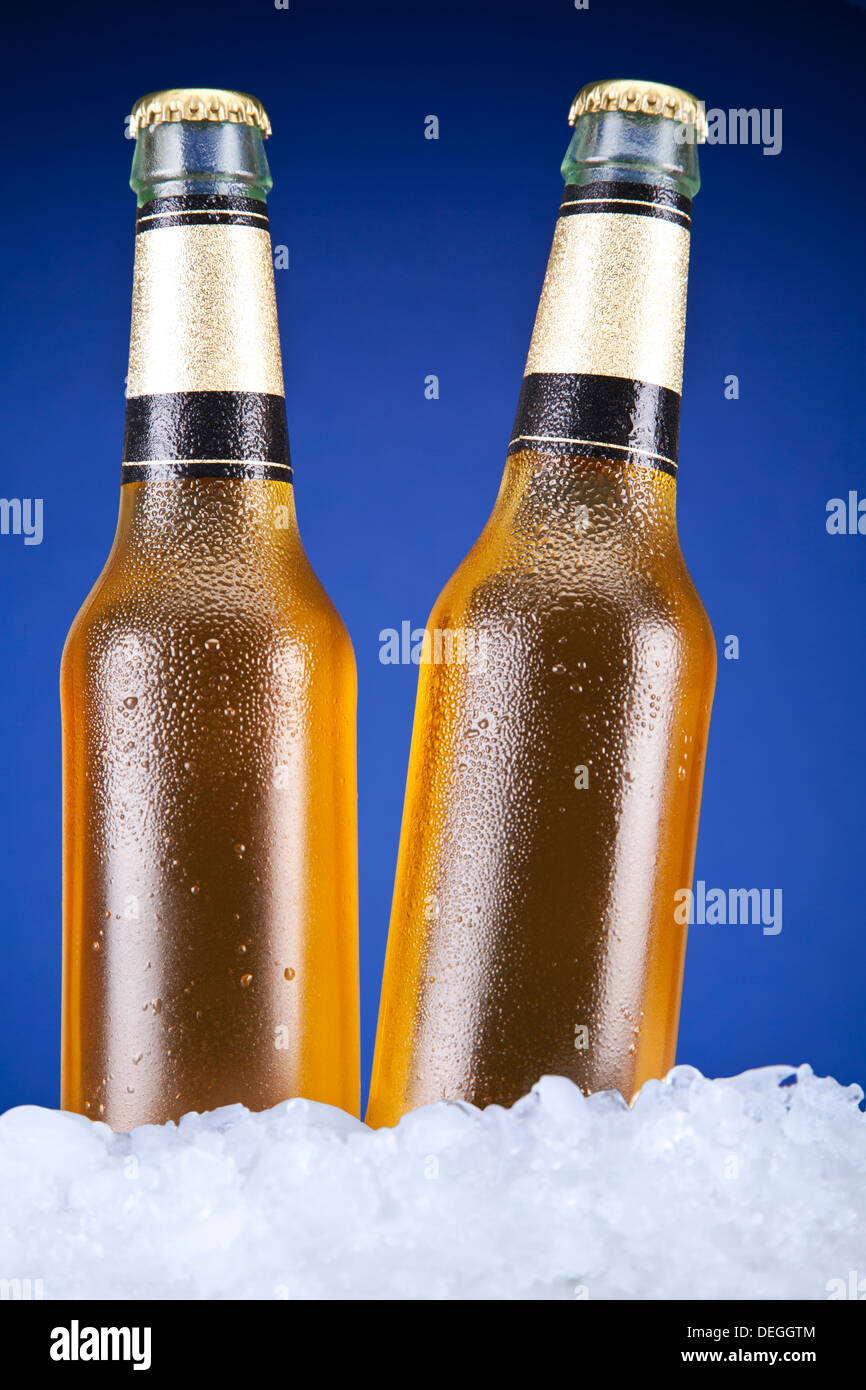 Two beer bottles sitting on ice over a blue background. Stock Photo