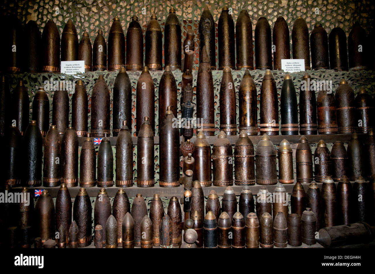 First World War shells on display in Hooge crater museum, Ypres