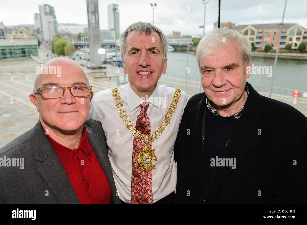 Belfast, Northern Ireland. 18th September 2013 - Music journalist and BBC Radio Ulster presenter Stuart Bailie, Lord Mayor of Belfast Mairtin O'Muilleoir and music promoter Terry Hooley at the launch of Belfast Music Week (11-17th November 2013) Credit:  Stephen Barnes/Alamy Live News Stock Photo