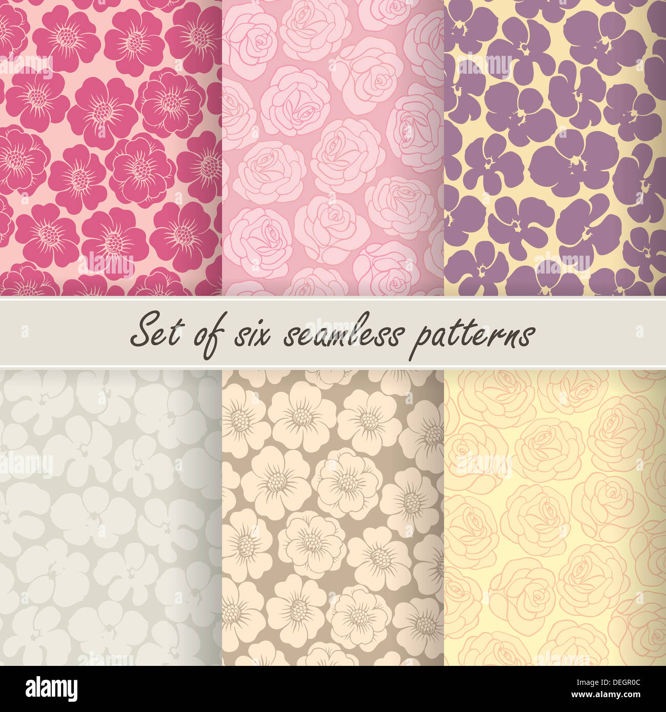 Set of six vector seamless flower patterns Stock Photo