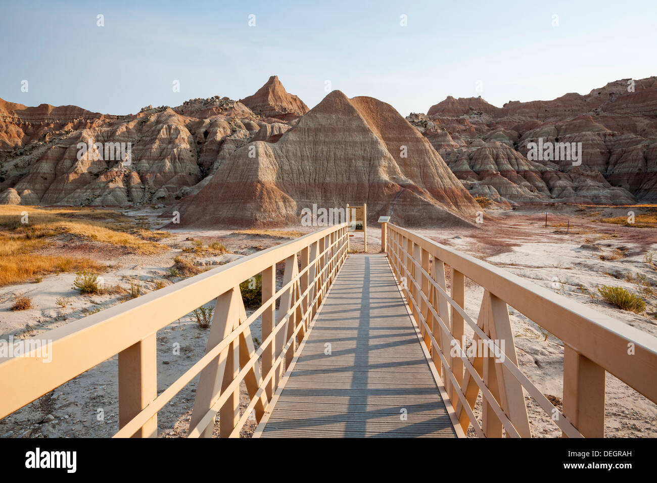 Walkway and rock formations in Badlands National Park, South Dakota Stock Photo
