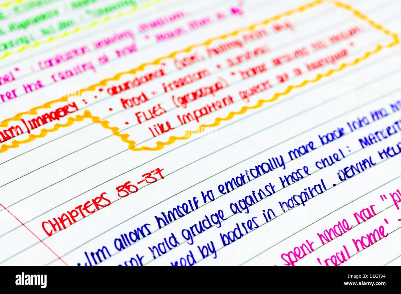 Neat and coloured A Level revision notes Stock Photo