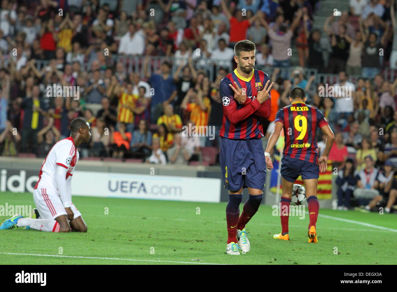 Barcelona, Spain. 18th Sept, 2013. UEFA Champions League Matchday 1 Group H Picture show Gerard Pique in action during game between FC Barcelona Against AFC Ajax at Camp Nou Credit:  Action Plus Sports Images/Alamy Live News Stock Photo