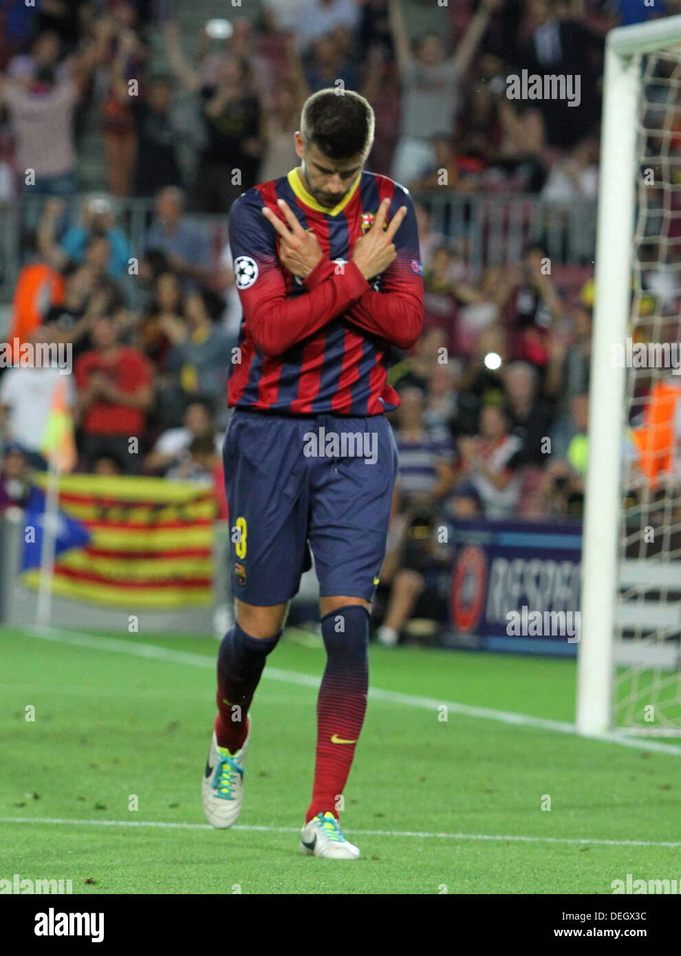 Barcelona, Spain. 18th Sept, 2013. UEFA Champions League Matchday 1 Group H Picture show Gerard Pique in action during game between FC Barcelona Against AFC Ajax at Camp Nou Credit:  Action Plus Sports Images/Alamy Live News Stock Photo