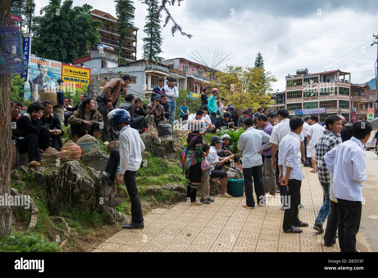 People sale the bird and local stuff in sun day market in Sa Pa, Vietnam Stock Photo