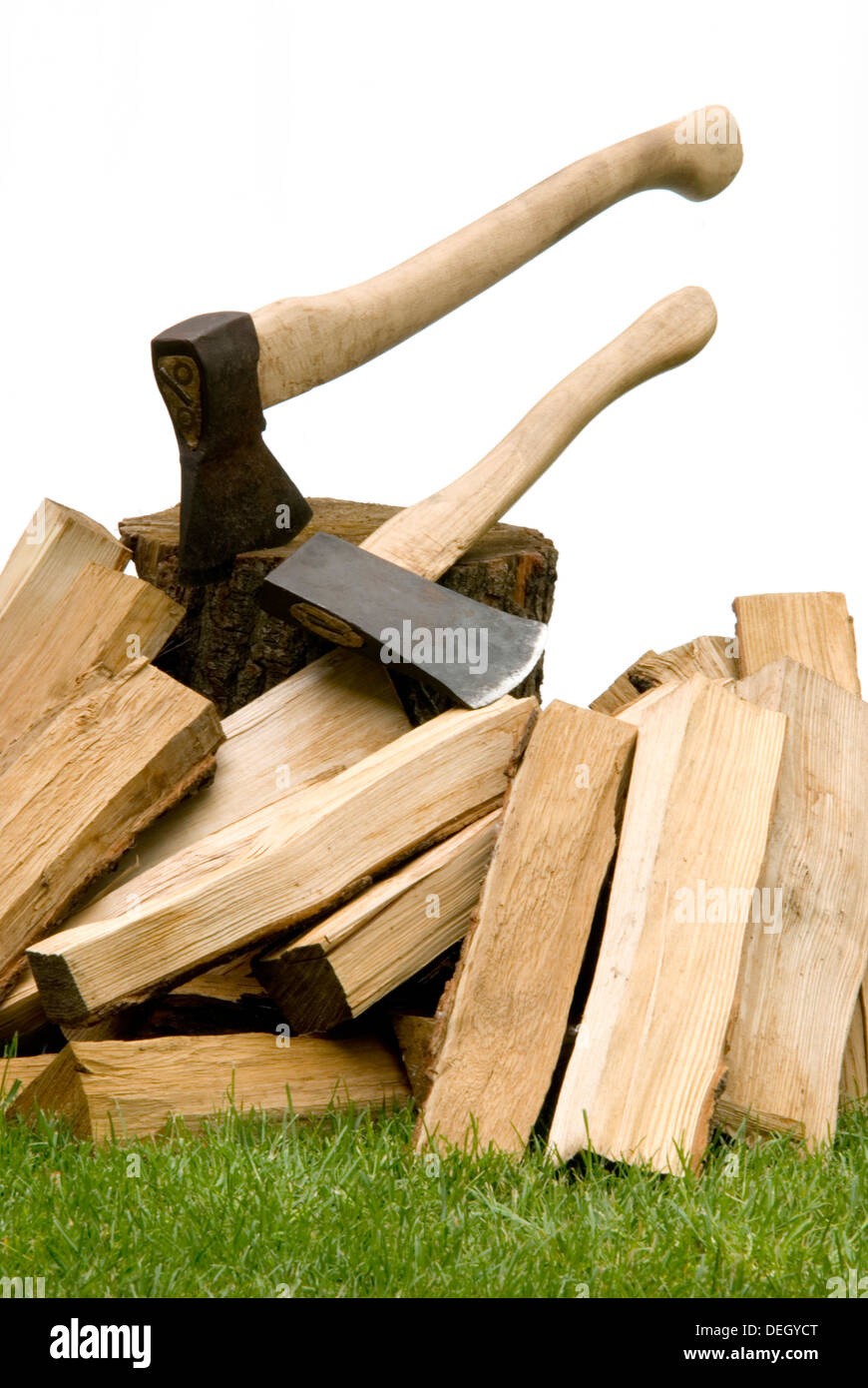 hatchet and firewood Stock Photo