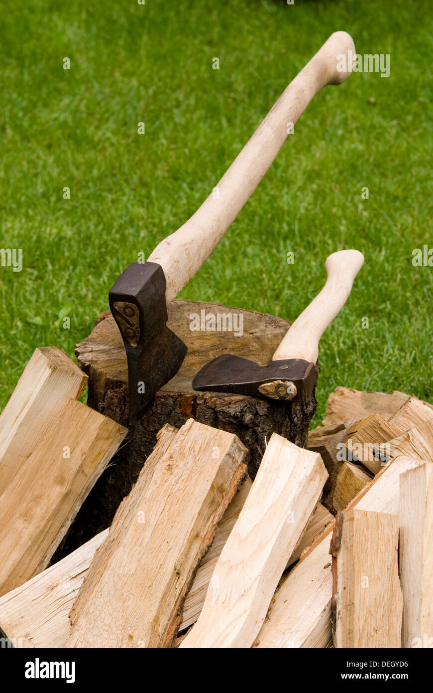 hatchet and firewood Stock Photo